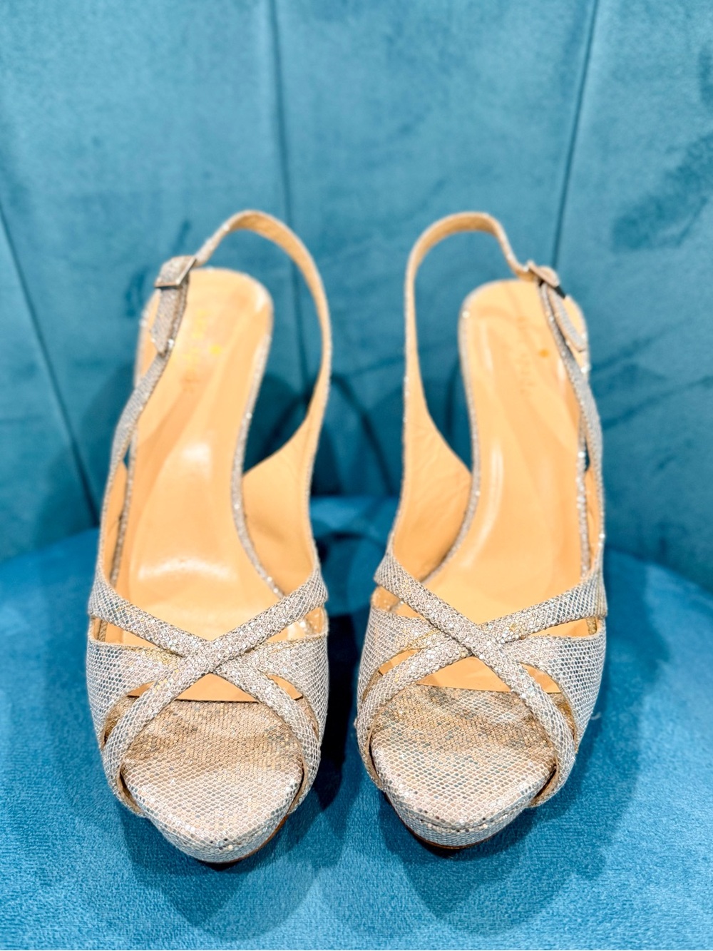 EUC - Kate Spade Strappy Silver Slingback Heels - Size 7 - Picture 2 of 6